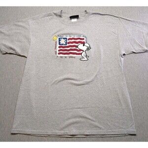 VTG T-Shirt Men Size XL Peanuts Snoopy American Flag Appliqué Gray Woodstock